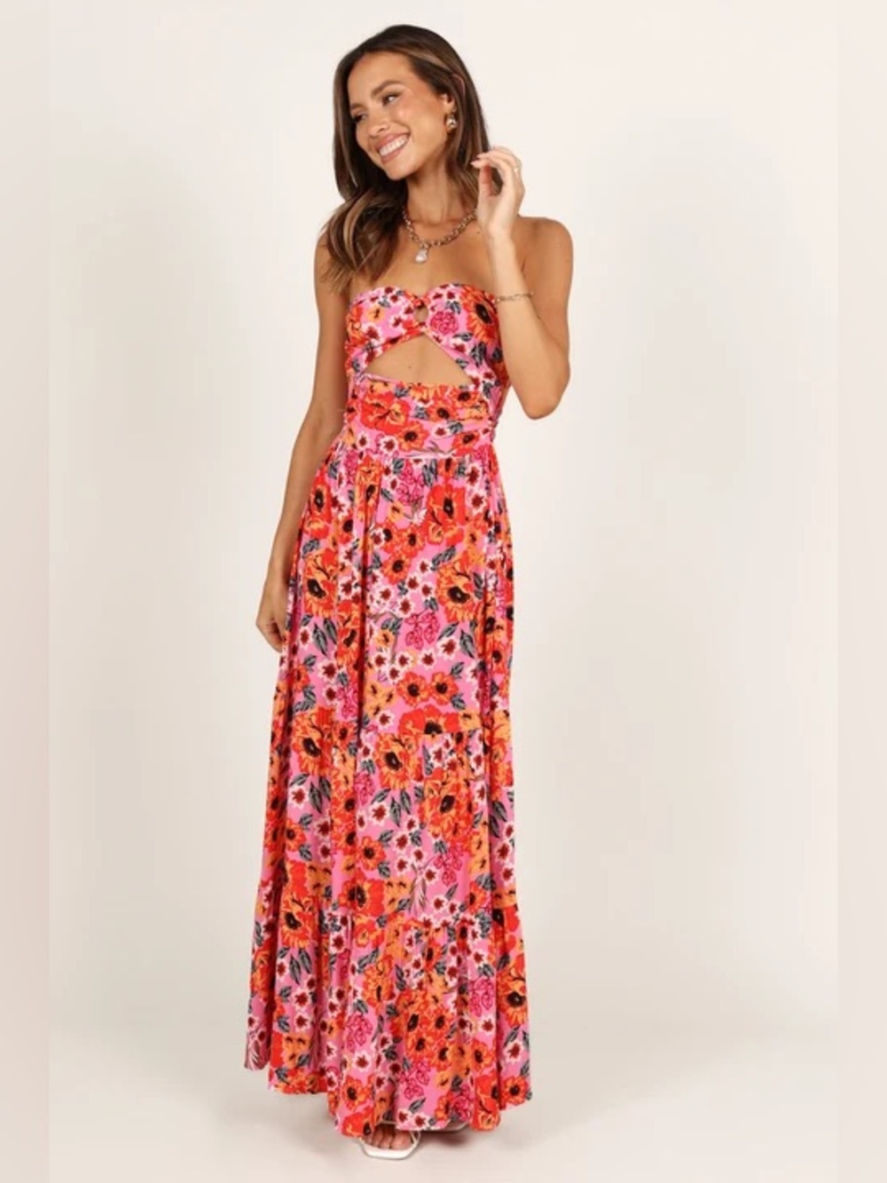 NWT Petal & Pup Sarai Cutout Strapless Pink Floral Maxi Dress, size 12
